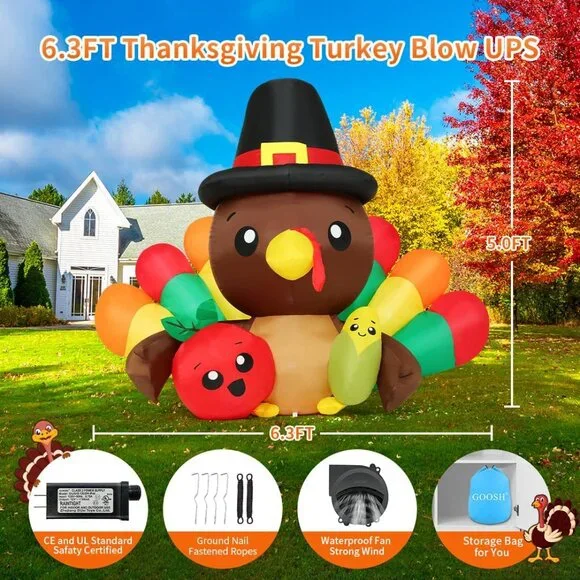 6.3 FT LED Inflatable Turkey with Tomato & Corn – Perfect Thanksgiving Decor - Picture 2 of 6